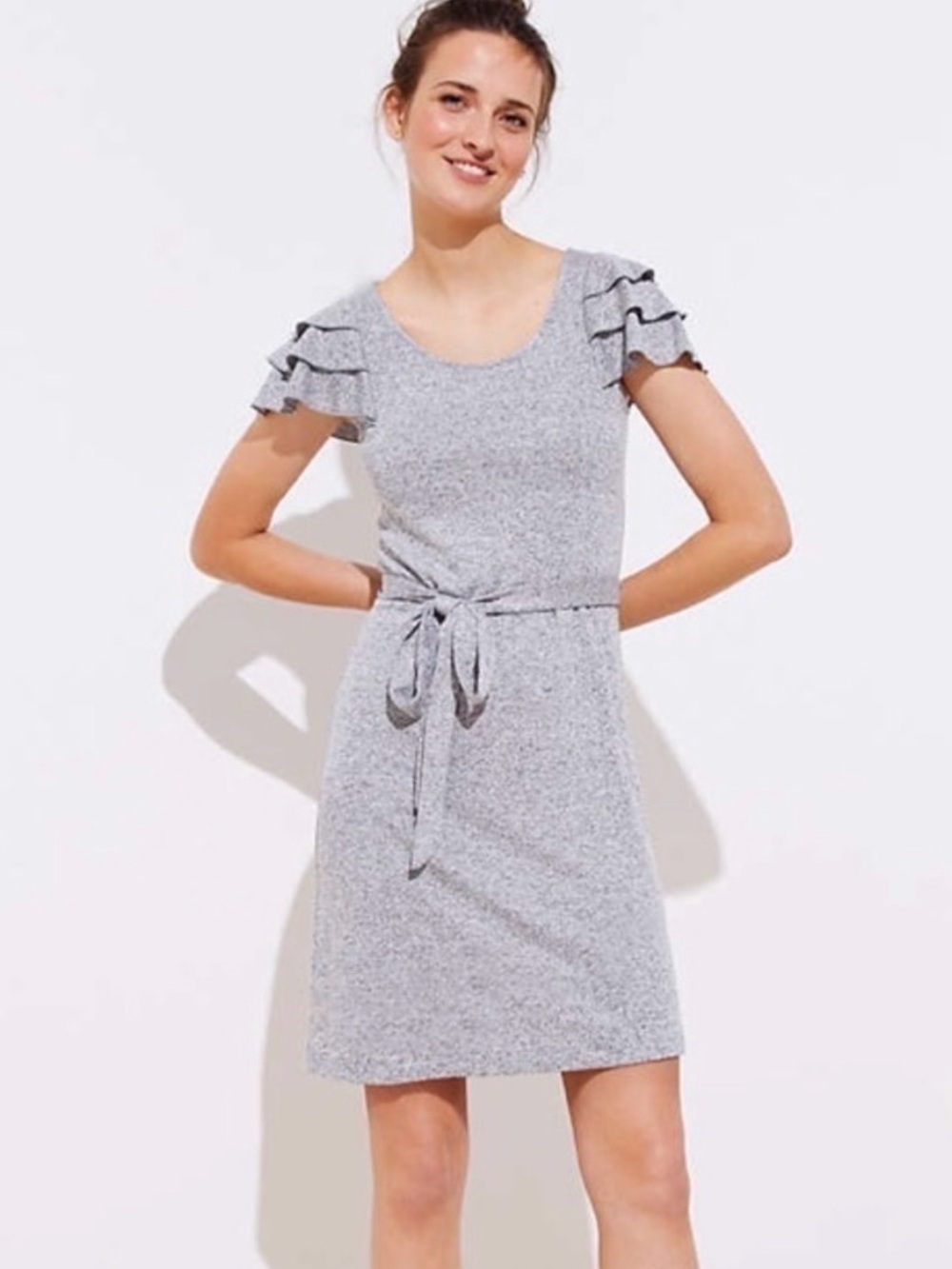 LOFT Petite Ruffled Sleeve Tie-Waist Grey Knit Dress - NWT
